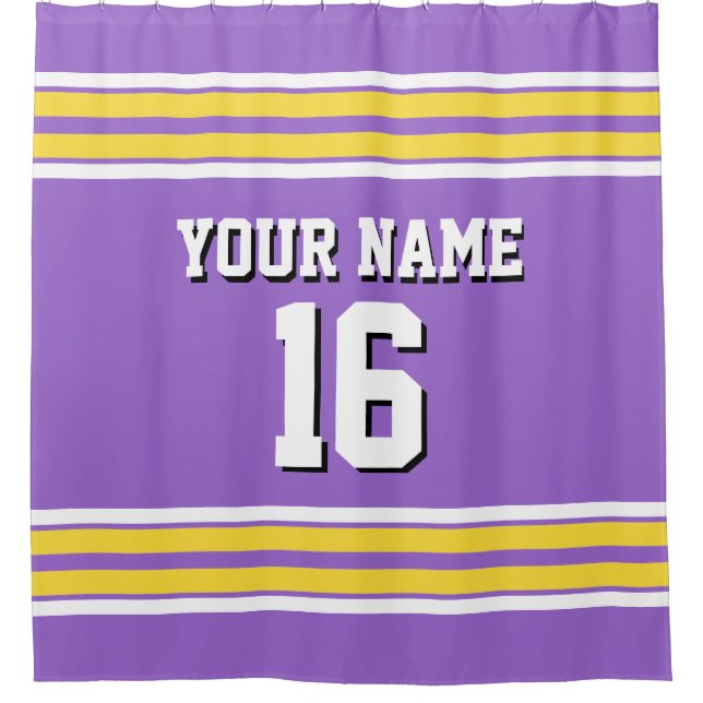Amethyst Purple Yellow White Stripes Sports Jersey Shower Curtain (Front)