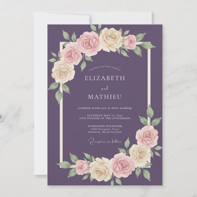Amethyst Rose Leafy Wedding Invitation (Front)