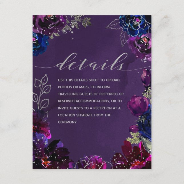 Amethyst Sapphire Jewel Tone Wedding Details Sheet Enclosure Card (Front)