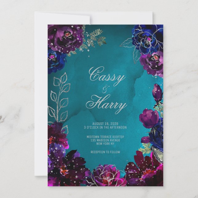 Amethyst Sapphire Teal  Blue Jewel Tone Wedding Invitation (Front)