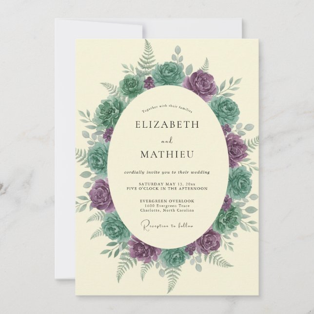 Amethyst Seafoam Succulent Eucalyptus Wedding Invitation (Front)