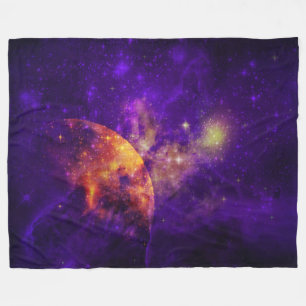 Amethyst Sky,Golden Planet n Nebula Fleece Blanket