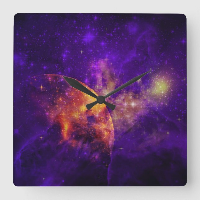 Amethyst Sky, Golden Planet n Nebula Wall Clock (Front)