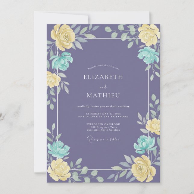 Amethyst Teal Ranunculus Eucalyptus Wedding Invitation (Front)
