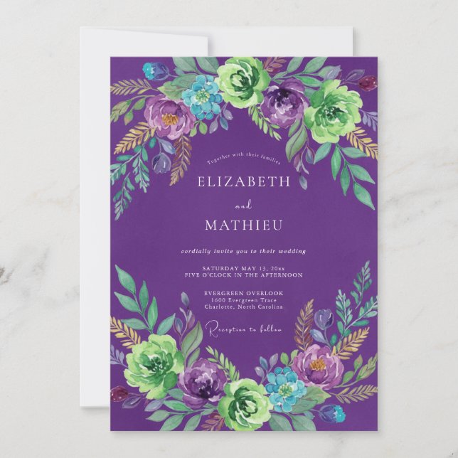 Amethyst Turquoise Ranunculus Eucalyptus Wedding Invitation (Front)