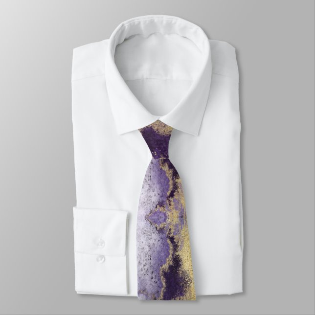 Amethyst Violet & Gold Wedding Neck Tie (Tied)
