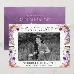 Amethyst Watercolor Crystal Photo Graduation Party Invitation
