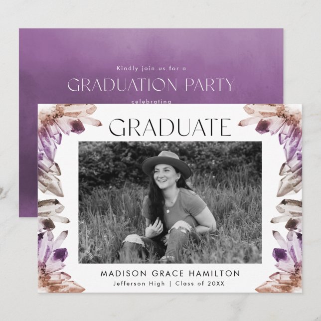 Amethyst Watercolor Crystal Photo Graduation Party Invitation (Front/Back)