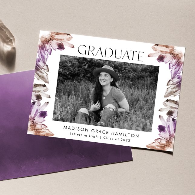 Amethyst Watercolor Crystals Photo Graduation Announcement (Creator Uploaded)