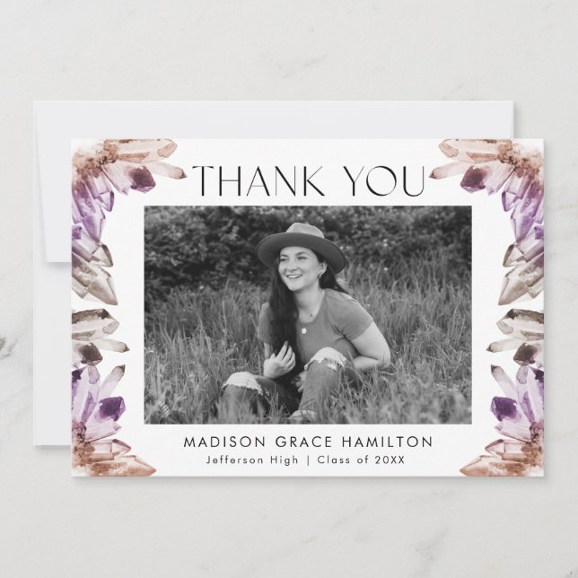 Amethyst Watercolor Crystals Photo Graduation Thank You Card (Front)