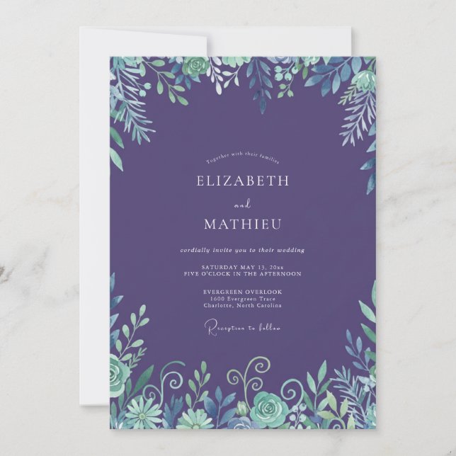 Amethyst Watercolor Foliage Wedding Invitation (Front)