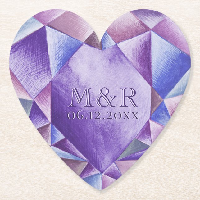 Amethyst Watercolor Heart 33rd Wedding Anniversary Paper Coaster (Front)