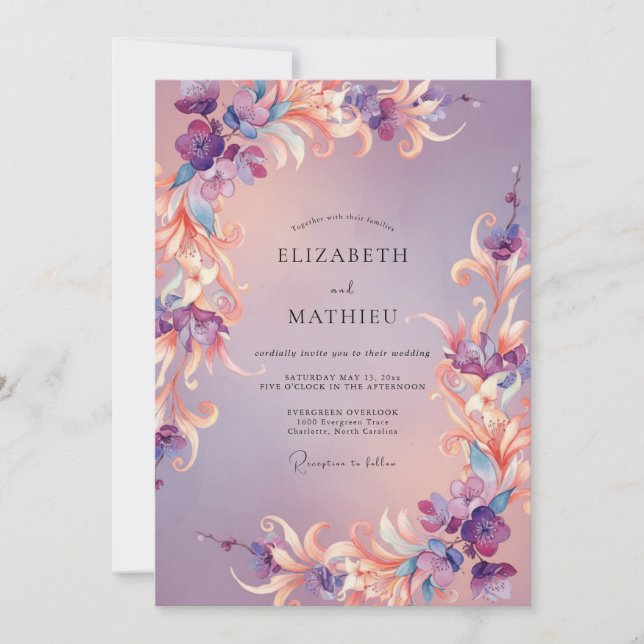 Amethyst Whimsical Flora Wedding Invitation (Front)