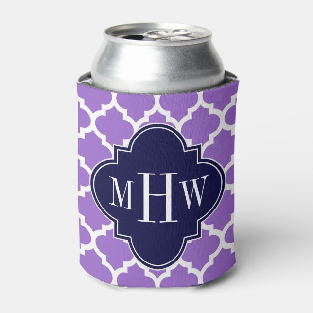 Amethyst White Moroccan #5 Navy 3 Initial Monogram Can Cooler (Can Front)