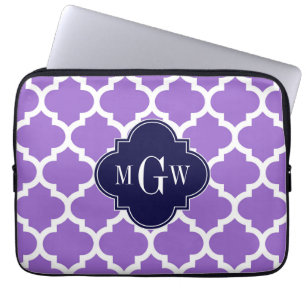 Amethyst White Moroccan #5 Navy 3 Initial Monogram Laptop Sleeve