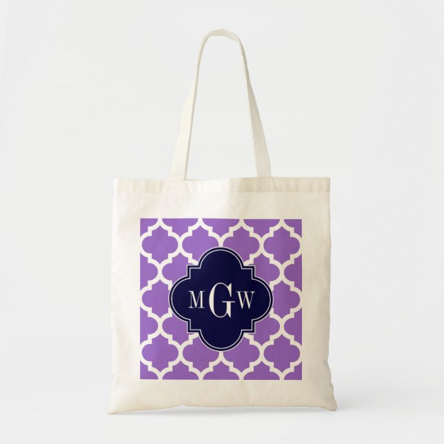 Amethyst White Moroccan #5 Navy 3 Initial Monogram Tote Bag (Front)
