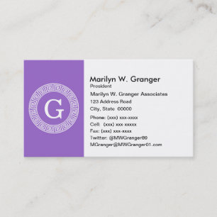 Amethyst Wht Greek Key Rnd Frame Initial Monogram Business Card