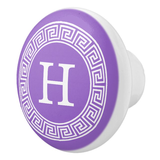 Amethyst Wht Greek Key Rnd Frame Initial Monogram Ceramic Knob (Right)