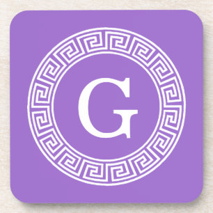Amethyst Wht Greek Key Rnd Frame Initial Monogram Coaster