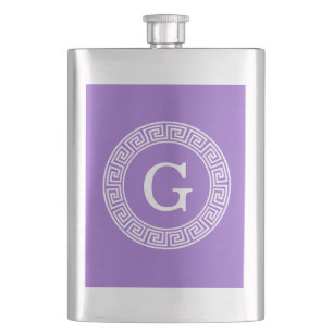 Amethyst Wht Greek Key Rnd Frame Initial Monogram Hip Flask
