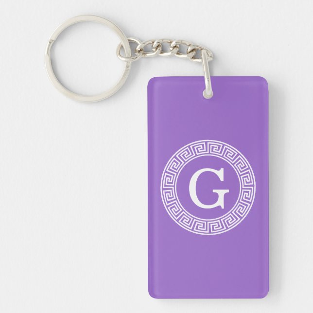 Amethyst Wht Greek Key Rnd Frame Initial Monogram Key Ring (Front)