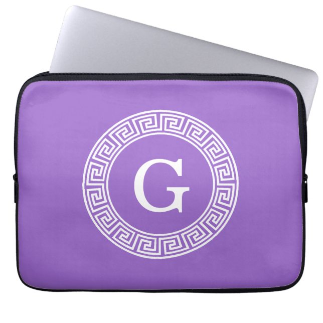Amethyst Wht Greek Key Rnd Frame Initial Monogram Laptop Sleeve (Front)