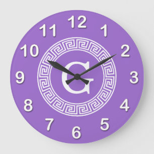 Amethyst Wht Greek Key Rnd Frame Initial Monogram Large Clock