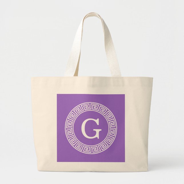 Amethyst Wht Greek Key Rnd Frame Initial Monogram Large Tote Bag (Front)