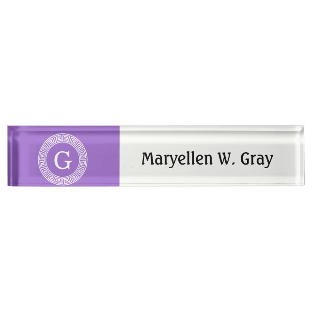 Amethyst Wht Greek Key Rnd Frame Initial Monogram Nameplate (Front)