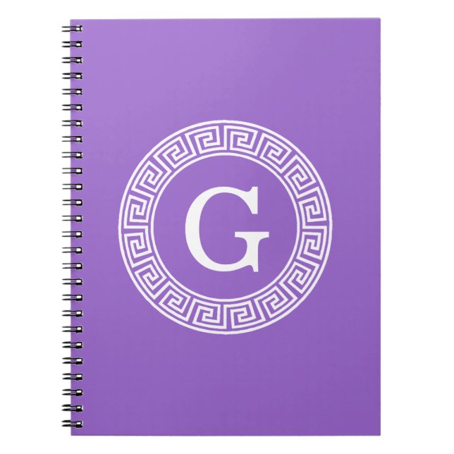 Amethyst Wht Greek Key Rnd Frame Initial Monogram Notebook (Front)