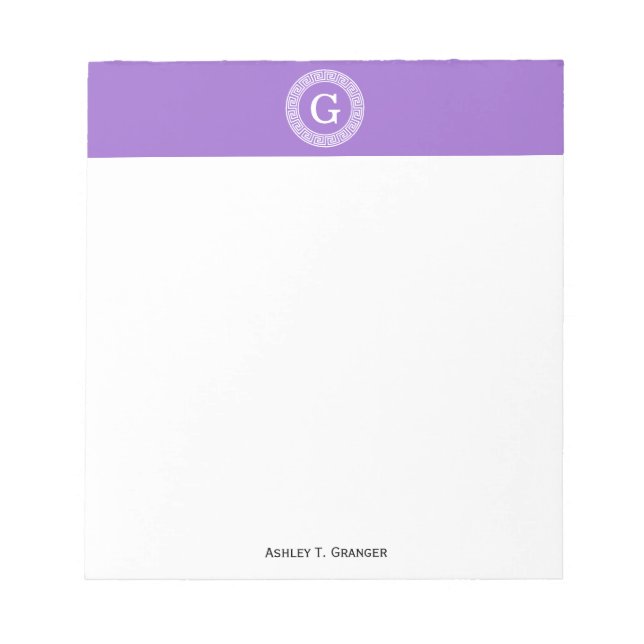 Amethyst Wht Greek Key Rnd Frame Initial Monogram Notepad (Front)