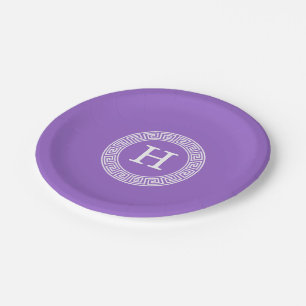 Amethyst Wht Greek Key Rnd Frame Initial Monogram Paper Plate