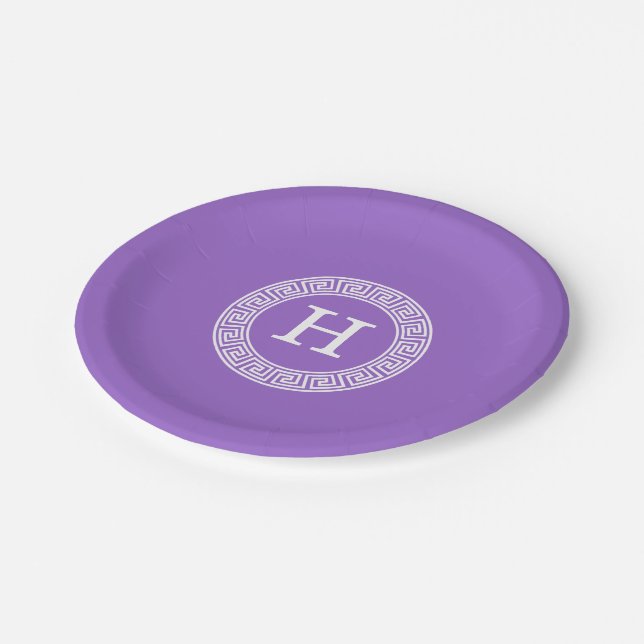 Amethyst Wht Greek Key Rnd Frame Initial Monogram Paper Plate (Angled)