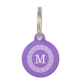 Amethyst Wht Greek Key Rnd Frame Initial Monogram Pet Tag