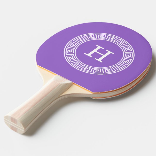 Amethyst Wht Greek Key Rnd Frame Initial Monogram Ping Pong Paddle (Front Angle)