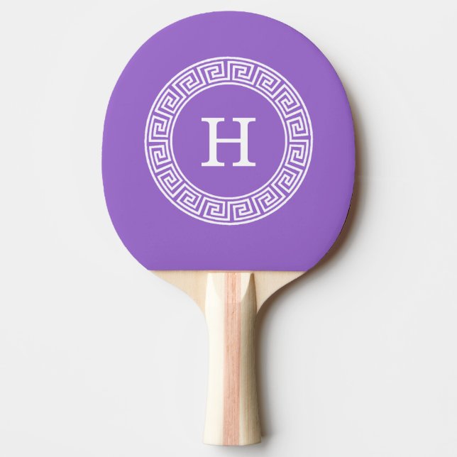 Amethyst Wht Greek Key Rnd Frame Initial Monogram Ping Pong Paddle (Front)