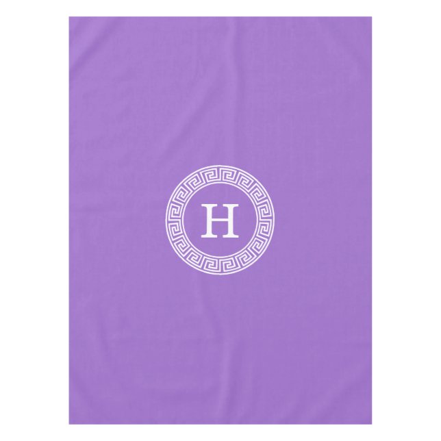 Amethyst Wht Greek Key Rnd Frame Initial Monogram Tablecloth (Front)