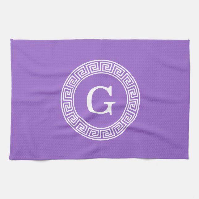 Amethyst Wht Greek Key Rnd Frame Initial Monogram Tea Towel (Horizontal)