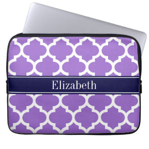 Amethyst Wht Moroccan #5 Navy Blue Name Monogram Laptop Sleeve