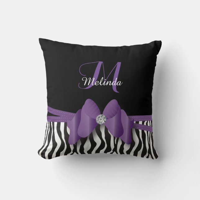 Amethyst Zebra Striped Bowed | Personalised Cushion (Front)