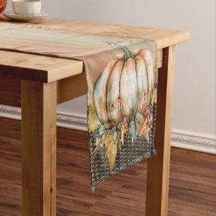 Amiable Orange, White and Green Watercolor Pumpkin Short Table Runner