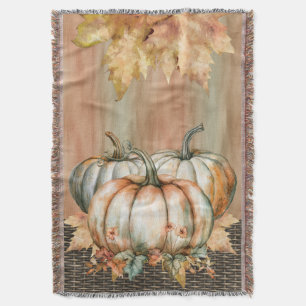 Amiable Orange, White and Green Watercolor Pumpkin Throw Blanket