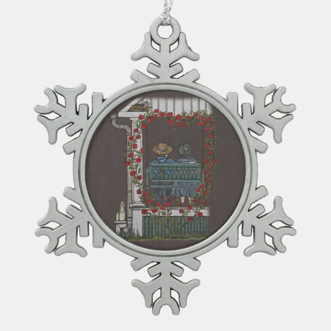 Amish Couple On Porch Swing Snowflake Pewter Christmas Ornament (Front)