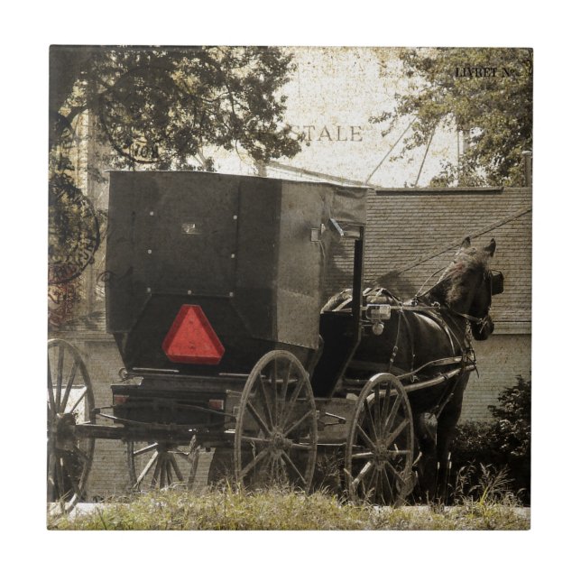 Amish Horse and Buggy Sepia Postcard Digital Art Tile (Front)