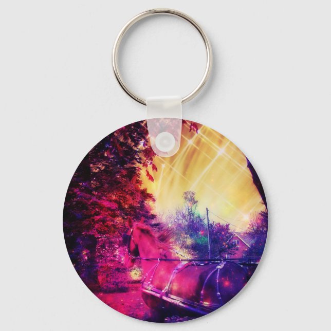 Amish Horse and Buggy Trippy Colourful Digital Art Key Ring (Front)