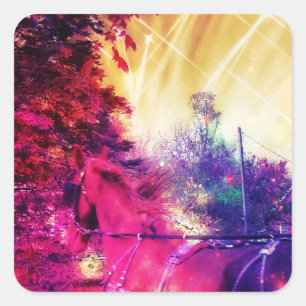 Amish Horse and Buggy Trippy Colourful Digital Art Square Sticker