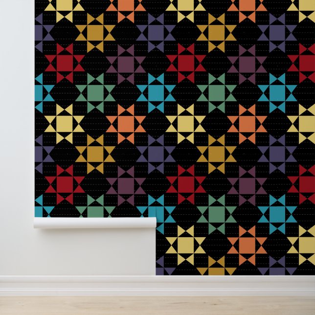 Amish Quilt Print Bright Colours on Black Wallpaper (Application)