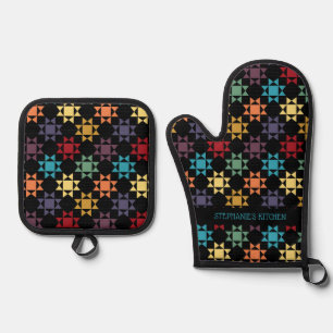 Amish Quilt Print Bright Colours Personalised Oven Mitt & Pot Holder Set