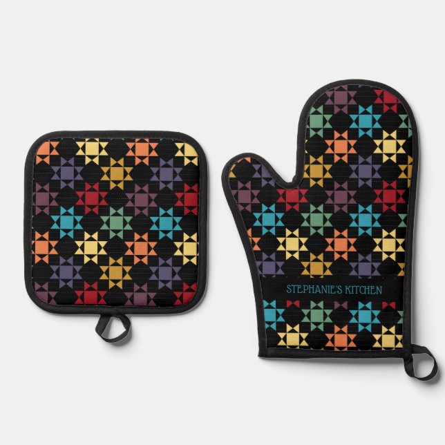 Amish Quilt Print Bright Colours Personalised Oven Mitt & Pot Holder Set (Front)