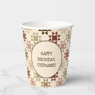 Amish Quilt Print Neutral Colours Personalised Paper Cups